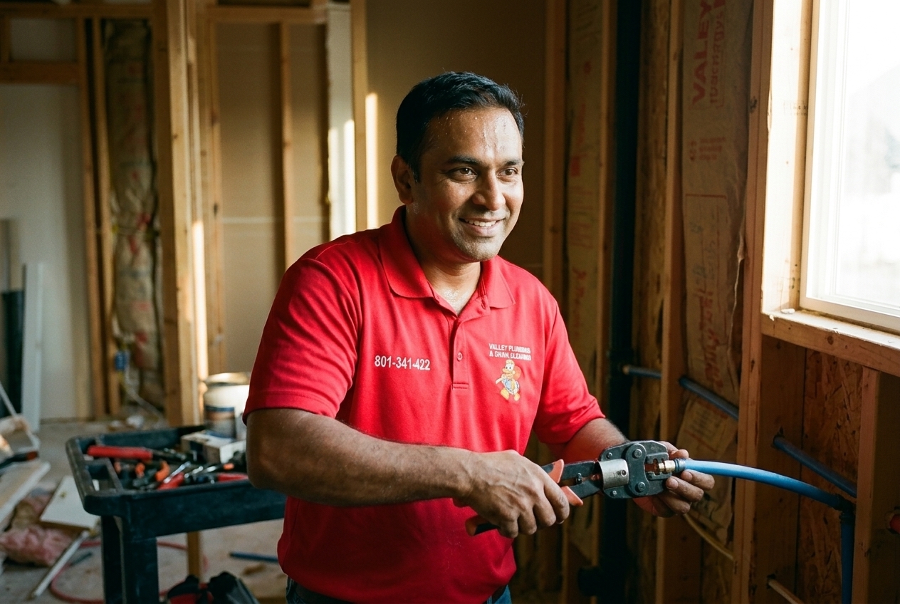 Valley Plumbing technician installing a new shower valve during a Salt Lake City bathroom remodel rough-in