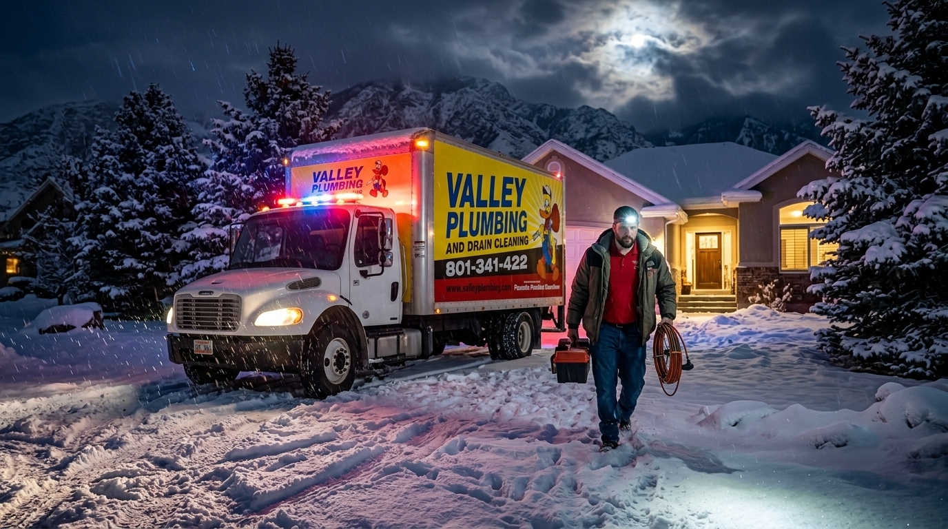 Valley Plumbing truck responding to a burst pipe emergency at night