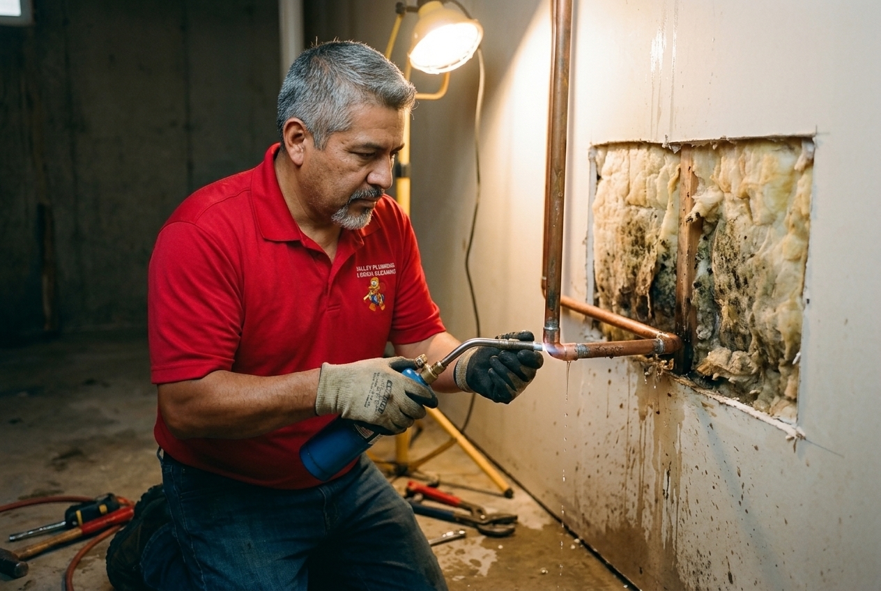 Valley Plumbing technician repairing a burst PEX line in a Salt Lake City basement