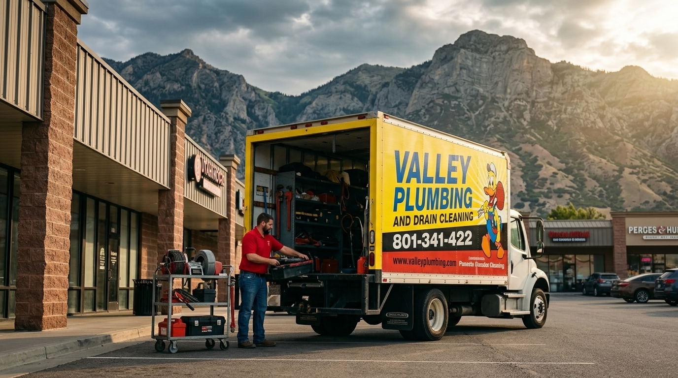 Valley Plumbing commercial service truck at a Salt Lake City restaurant