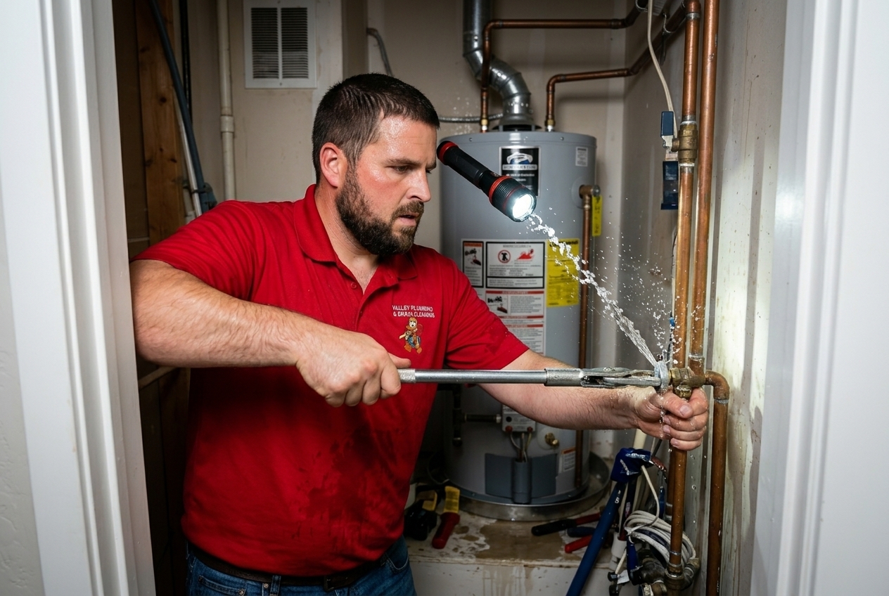 Valley Plumbing technician at an emergency burst pipe call
