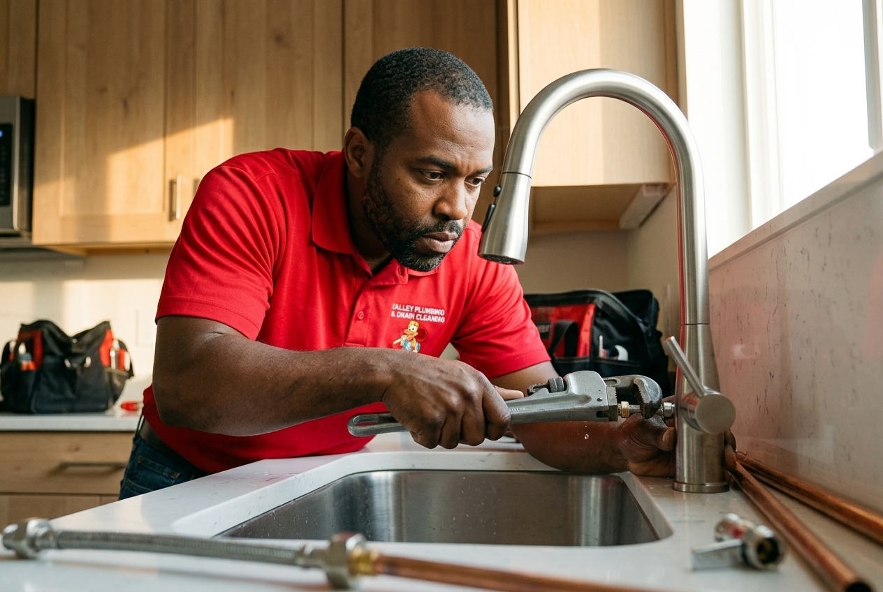 Valley Plumbing technician diagnosing a kitchen faucet leak at a Salt Lake City home