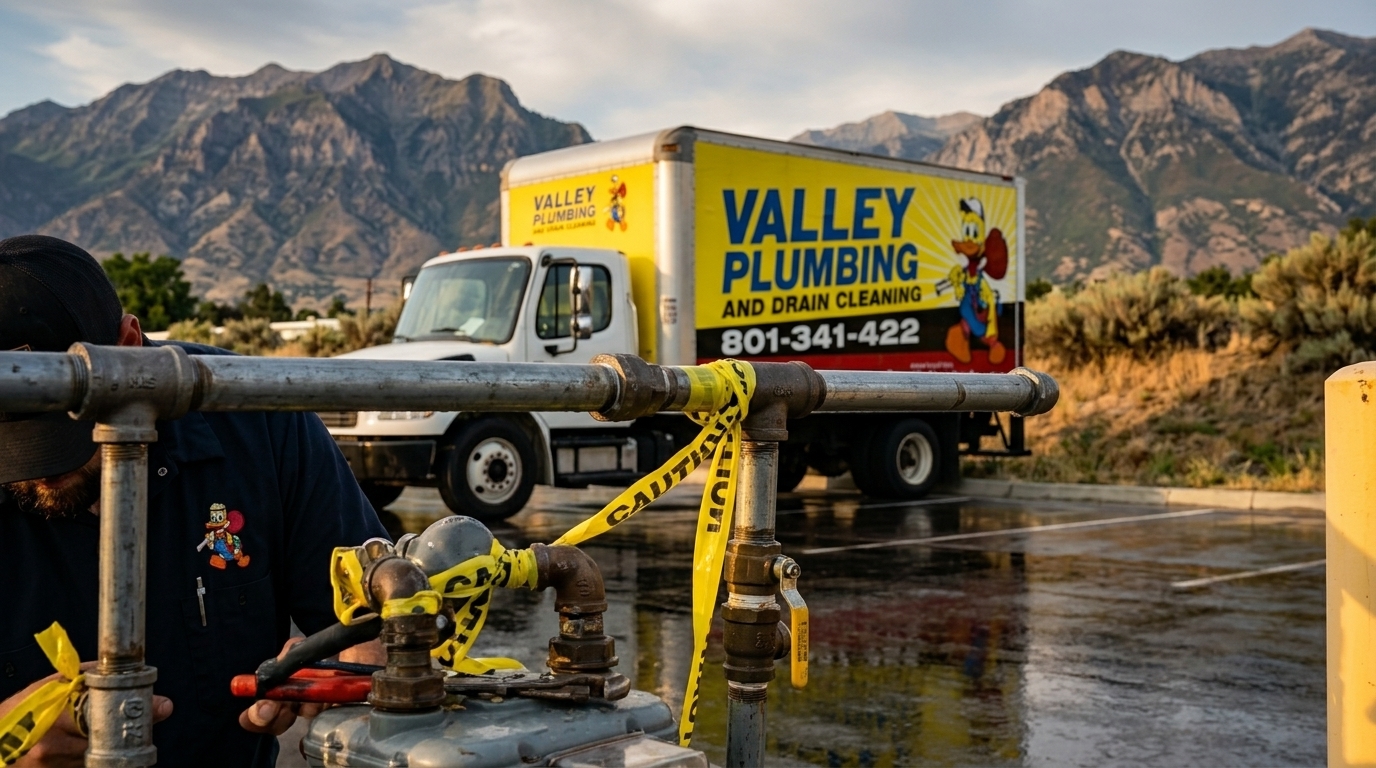 Valley Plumbing technician with gas leak detection equipment outside a Salt Lake City home