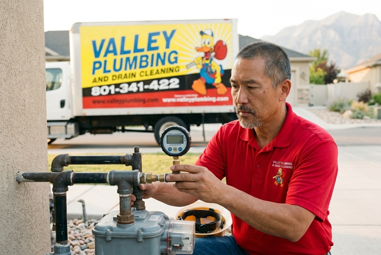 Valley Plumbing gas technician pressure-testing a gas line with a pressure gauge