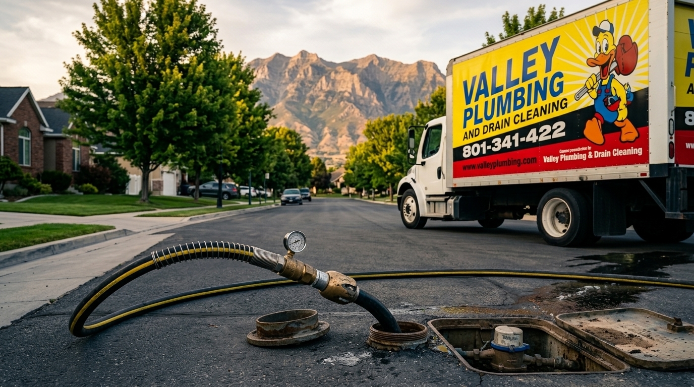 Close-up of hydro jet nozzle with water spray at pressure