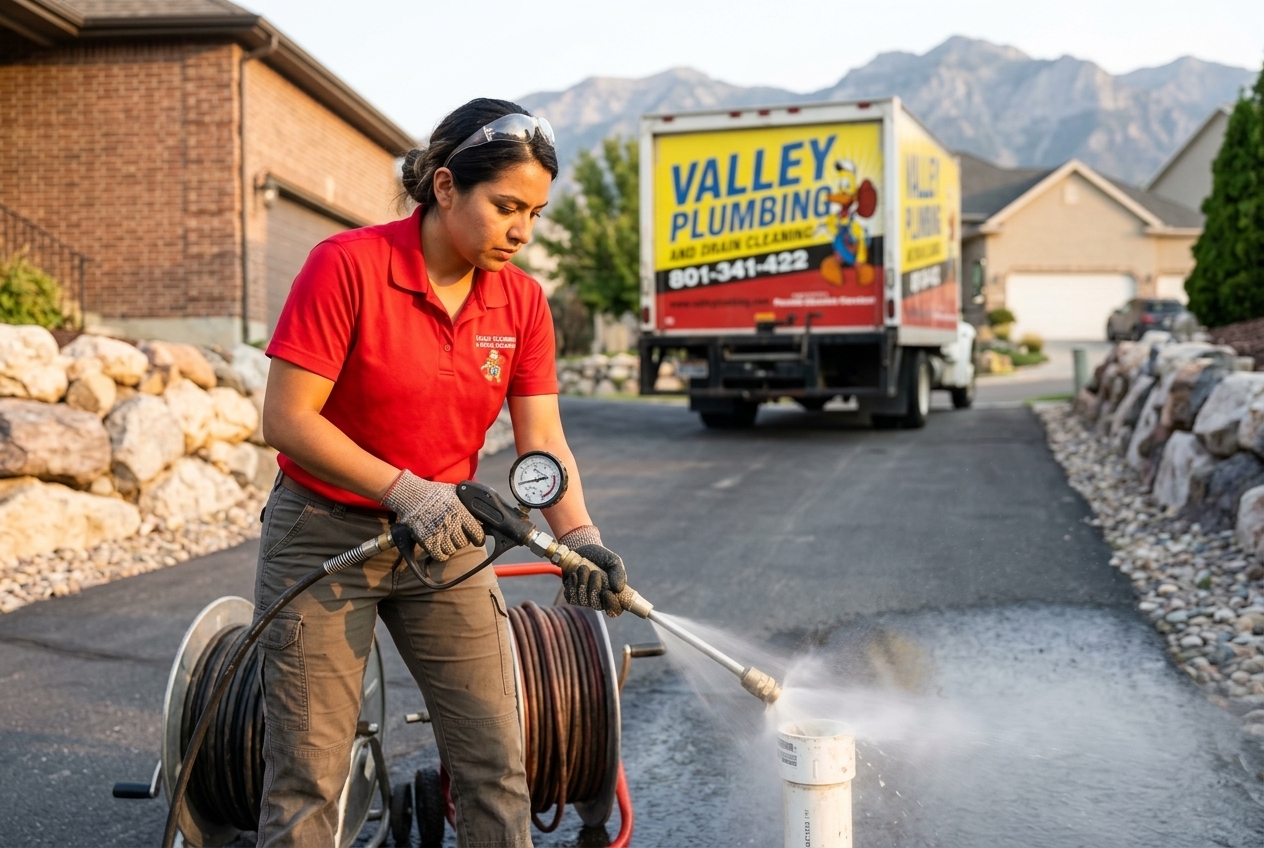 Valley Plumbing hydro jet truck with high-pressure hose feeding into a Salt Lake City cleanout