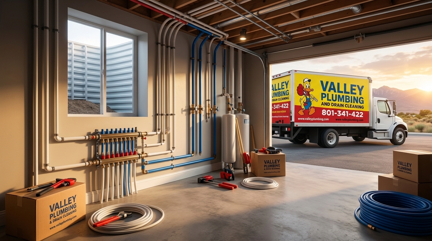 New PEX manifold installed during a whole-home repipe in a Salt Lake City basement