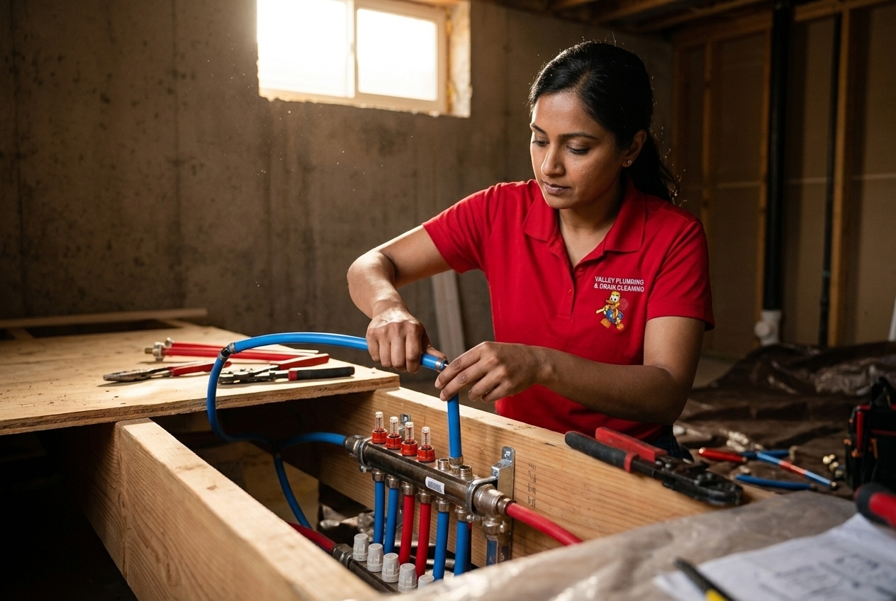 Valley Plumbing technician running new PEX lines through a wall cavity during a Salt Lake City repipe