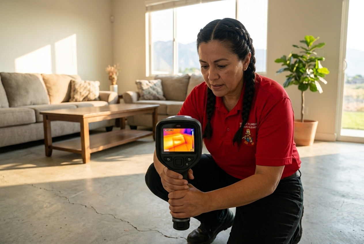 Valley Plumbing technician locating a slab leak with acoustic detection equipment in a Salt Lake City home