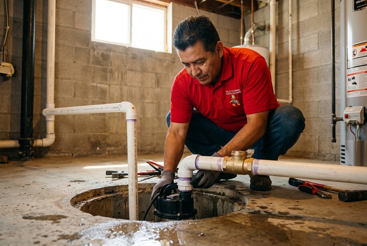 Valley Plumbing technician installing a battery backup sump pump system in a Salt Lake City basement