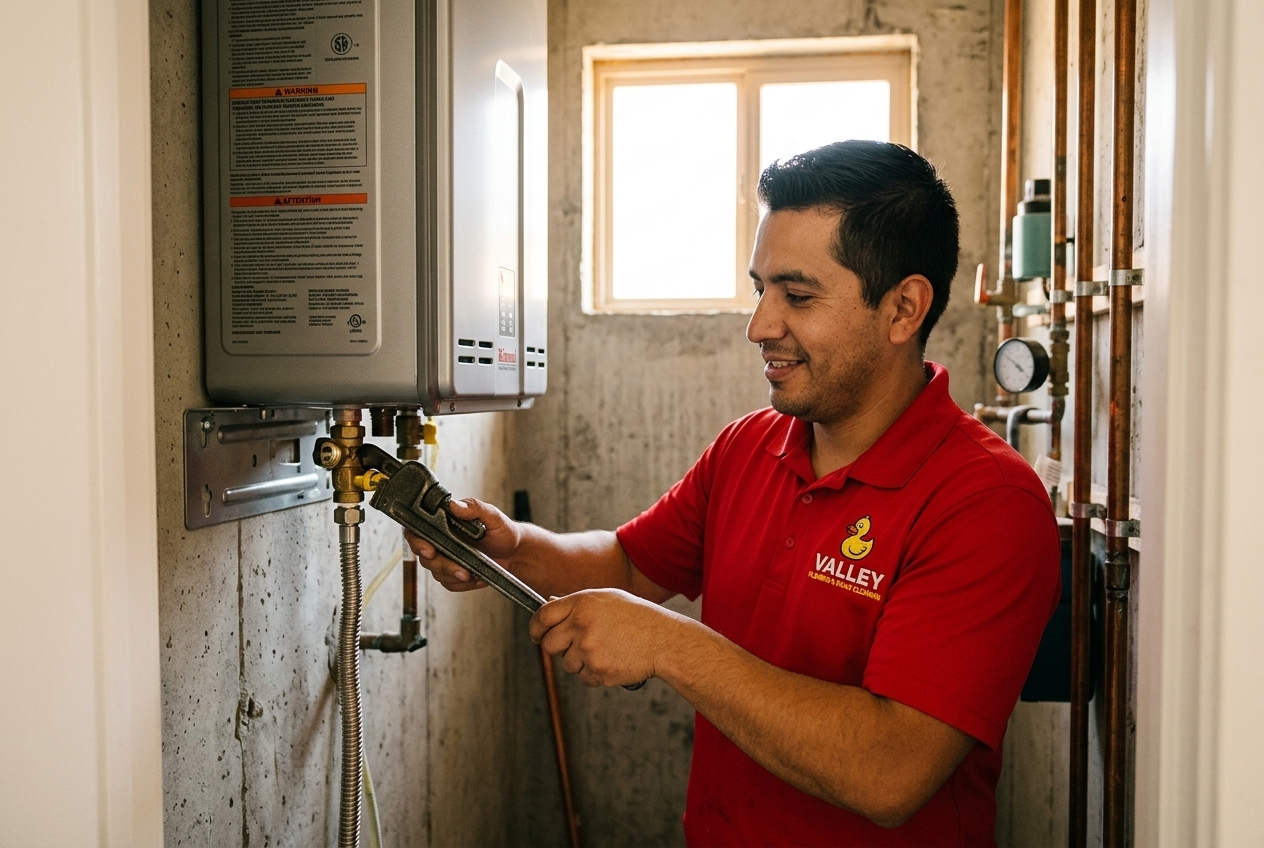 Tankless water heater being mounted to an interior wall in a Salt Lake City utility room