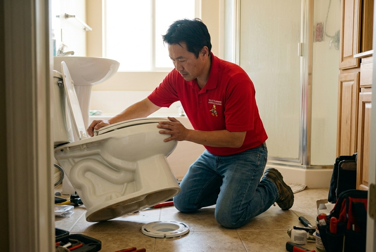 Valley Plumbing technician replacing a toilet flapper in a Salt Lake City bathroom