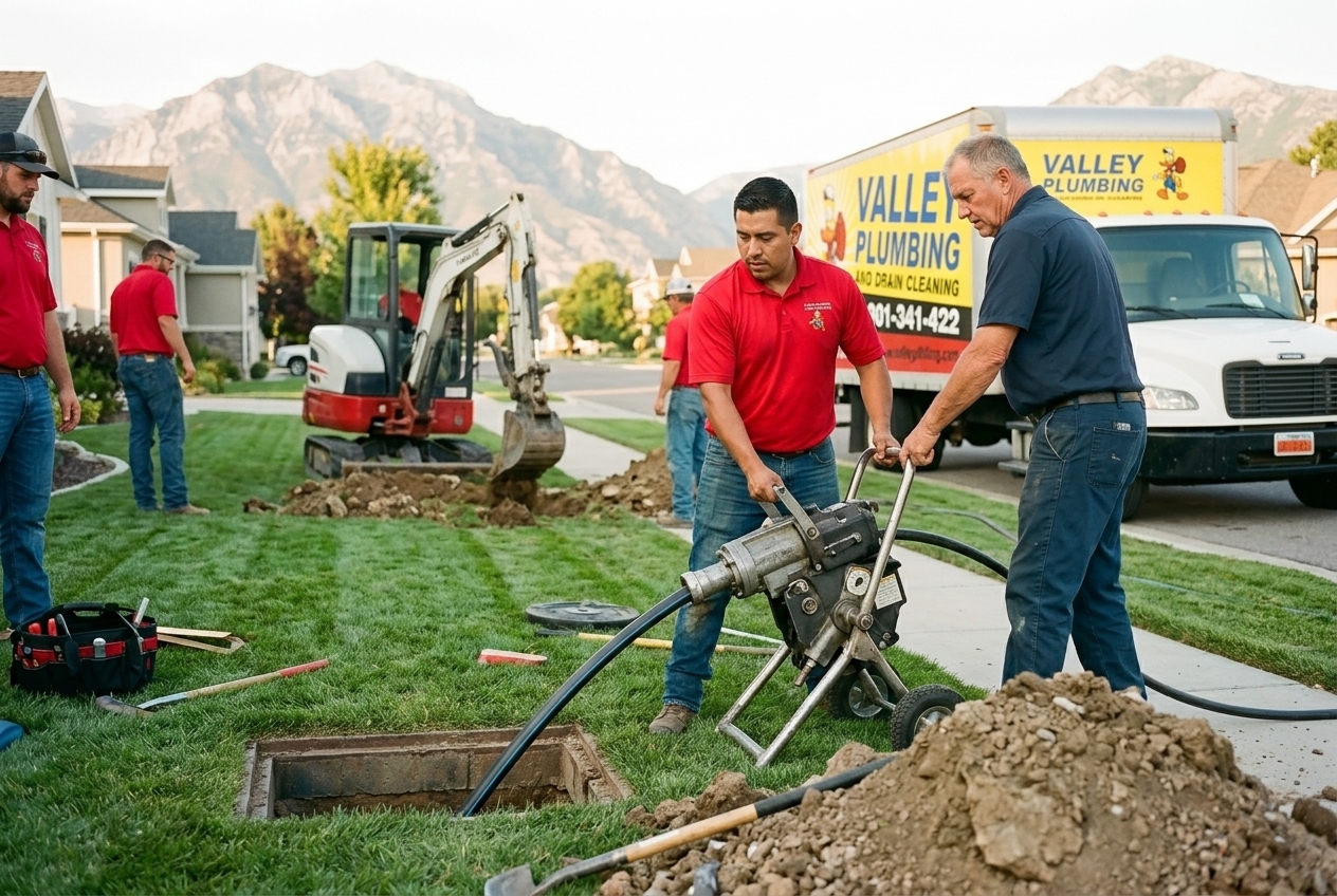 Trenchless sewer line repair access pit being dug at a Utah home with minimal landscaping disruption
