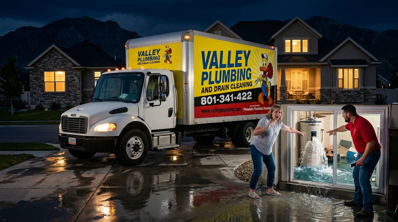 Valley Plumbing truck at a Utah home during an emergency water heater call