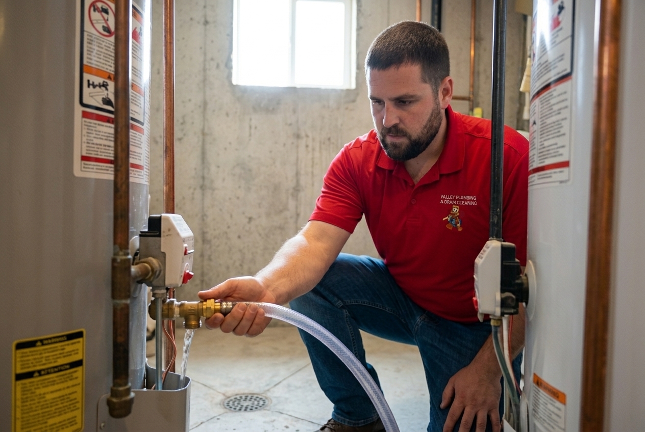 Valley Plumbing technician draining a residential water heater in a Utah basement