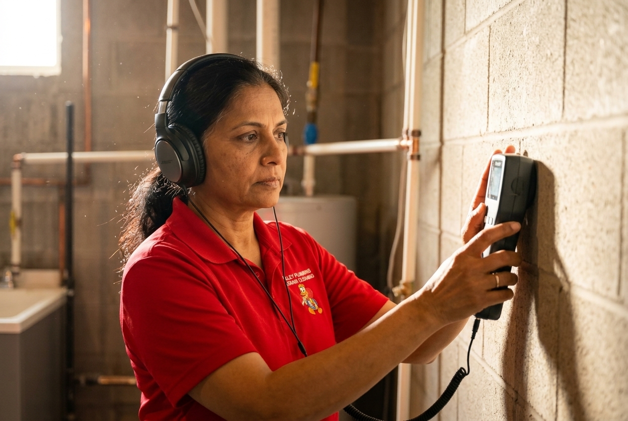 Valley Plumbing technician using acoustic detection equipment on a Salt Lake City slab floor