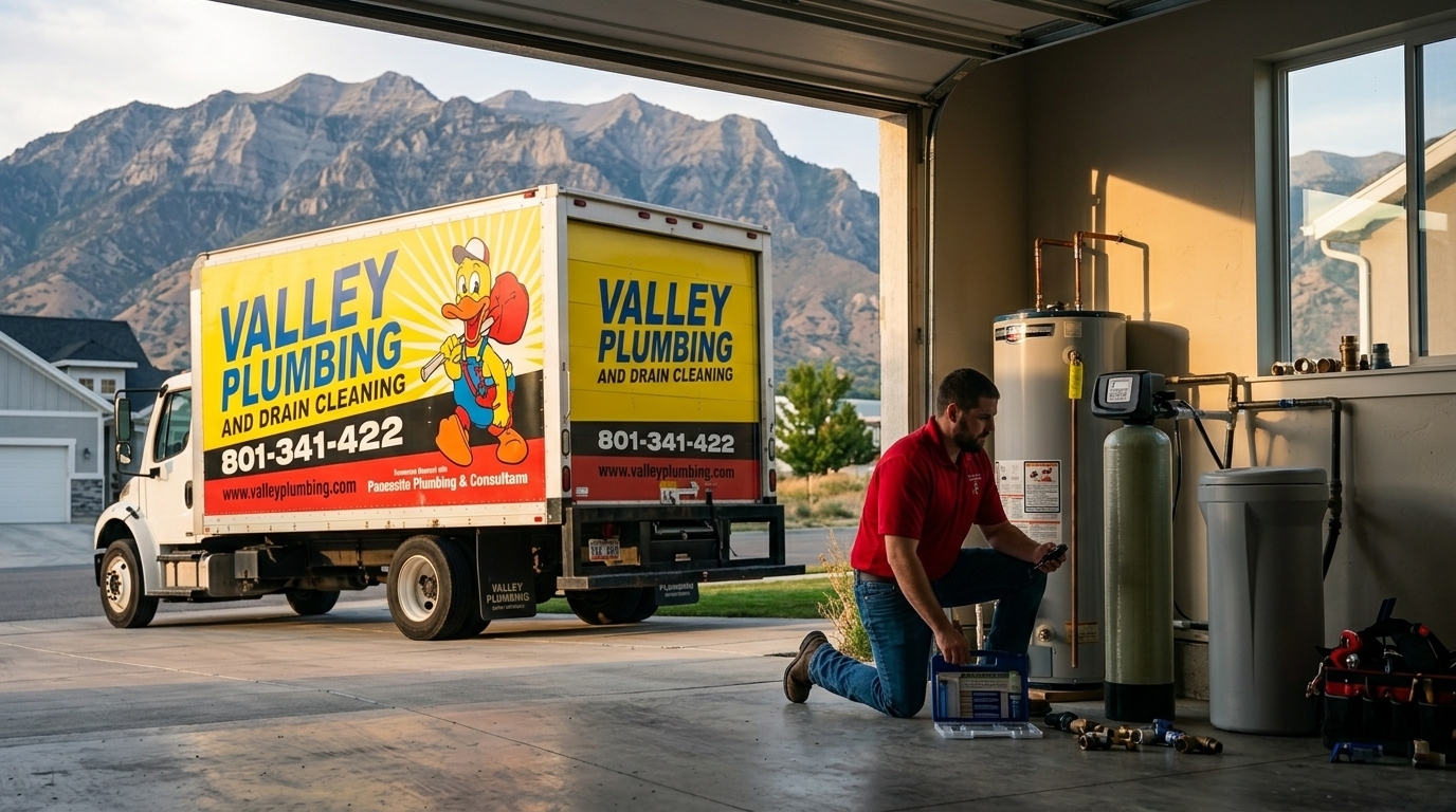 Salt-based water softener installed in a Salt Lake City garage