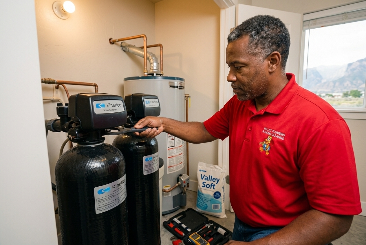 Valley Plumbing technician plumbing a water softener into a Salt Lake City home utility room